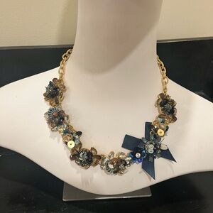 Talbots Floral Cluster Statement Necklace Navy Bow Crystal Gold Tone